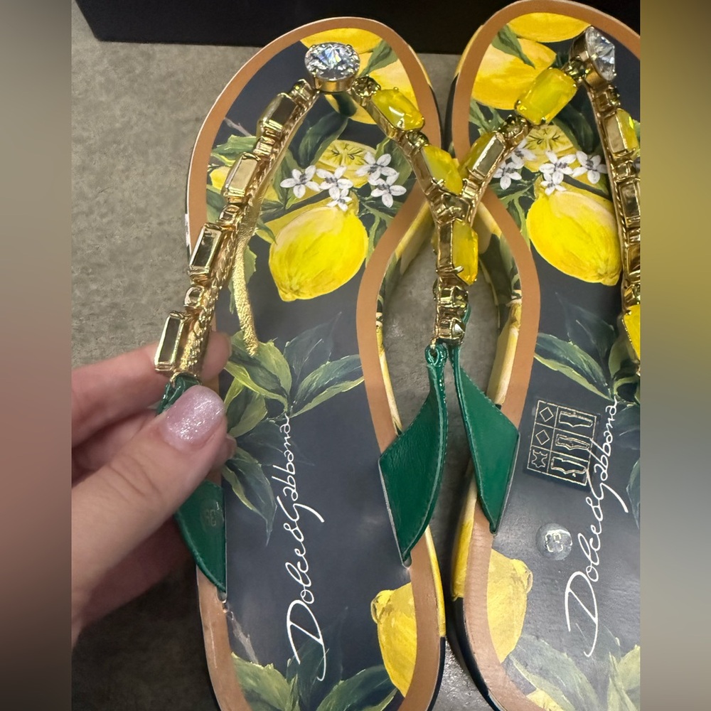 Dolce and Gabbana Lemon Print Jeweled Thong Flip Flop Sandals - Picture 6 of 10